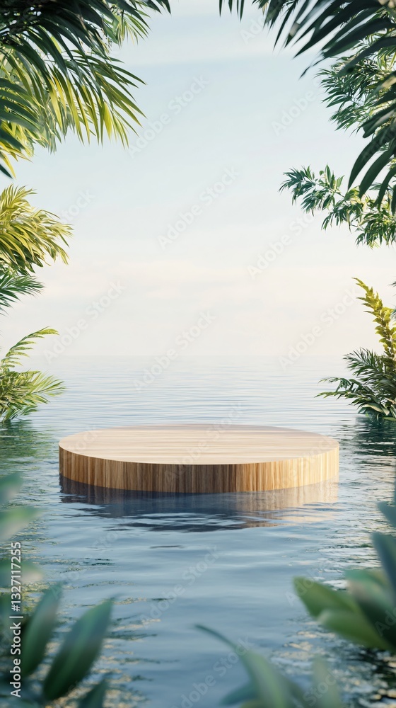 Fototapeta premium Front View of a Minimalist Wooden Cosmetic Podium on a Sunny Infinity Pool with Clear Blue Skies. Copy space. Generative AI