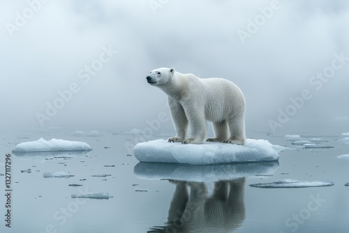 Polar bear stands on ice floe in a misty Arctic environment during twilight hours