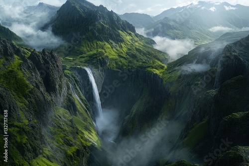 Majestic Waterfall Cascading Through Lush Mountain Valley