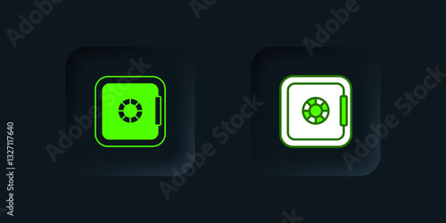 Green Safe icon isolated on black background. The door safe a bank vault with a combination lock. Reliable Data Protection. Black square button. Vector