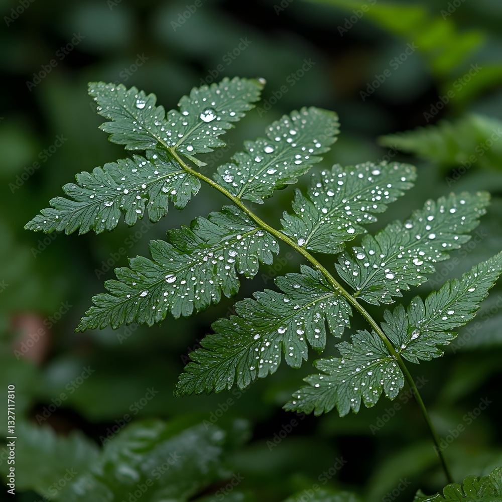 Dew-kissed fern frond in forest, lush background, nature photography Dew-kissed fern frond in forest, lush background, nature photography
