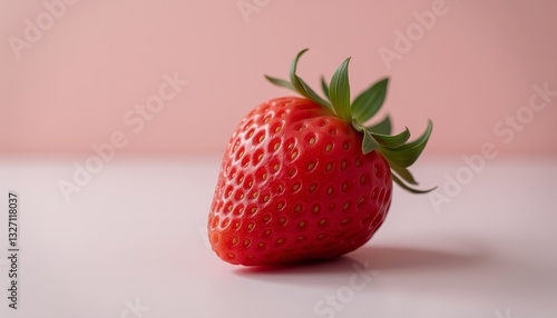  Juicy red strawberry with green leaves on pink background