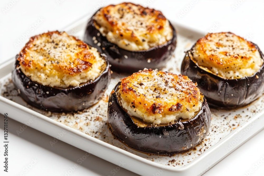 Savory Stuffed Eggplant Cups with Creamy Ricotta Filling Italian Cuisine Gourmet Vegan Lunch Plate Savory Stuffed Eggplant Cups with Creamy Ricotta Filling Italian Cuisine Gourmet Vegan Lunch Plate