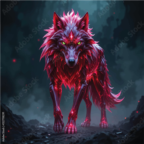 vector illustration of a majestic wolf with a crystalline, glowing red body, sharp, translucent ruby-like fur, piercing green eyes, dark and smoky