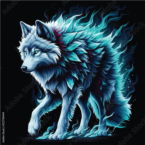 vector illustration of a majestic wolf with a crystalline, glowing red body, sharp, translucent ruby-like fur, piercing green eyes, dark and smoky