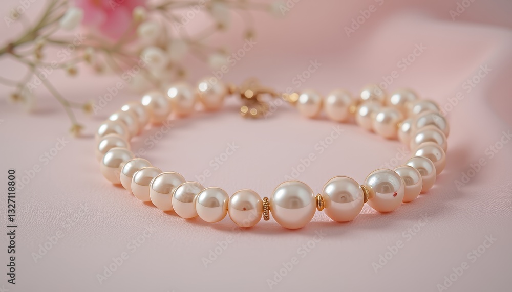 Pearl bracelet with gold clasp on soft pink surface Pearl bracelet with gold clasp on soft pink surface