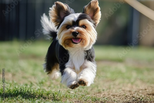 A small dog runs freely in the grass