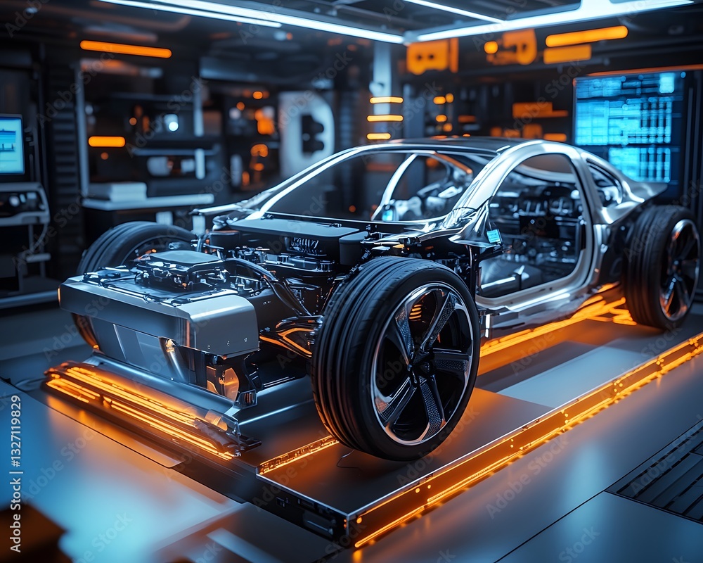A futuristic car showcasing advanced design and technology in a high-tech workshop environment A futuristic car showcasing advanced design and technology in a high-tech workshop environment