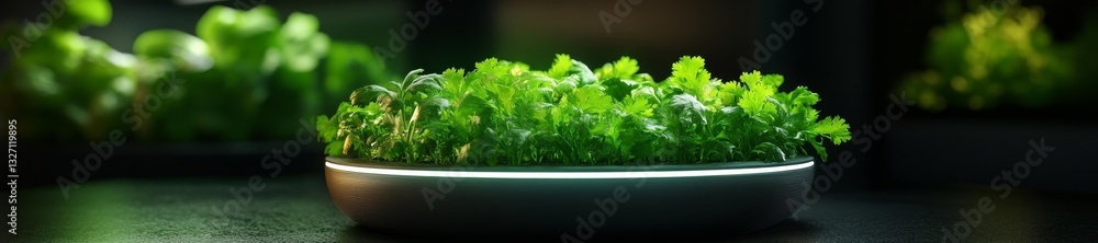 Stylish kitchen with a modern indoor farm growing fresh cilantro and parsley herbs. Generative AI Stylish kitchen with a modern indoor farm growing fresh cilantro and parsley herbs. Generative AI