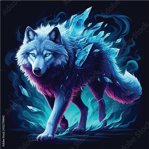 vector illustration of a majestic wolf with a crystalline, glowing red body, sharp, translucent ruby-like fur, piercing green eyes, dark and smoky