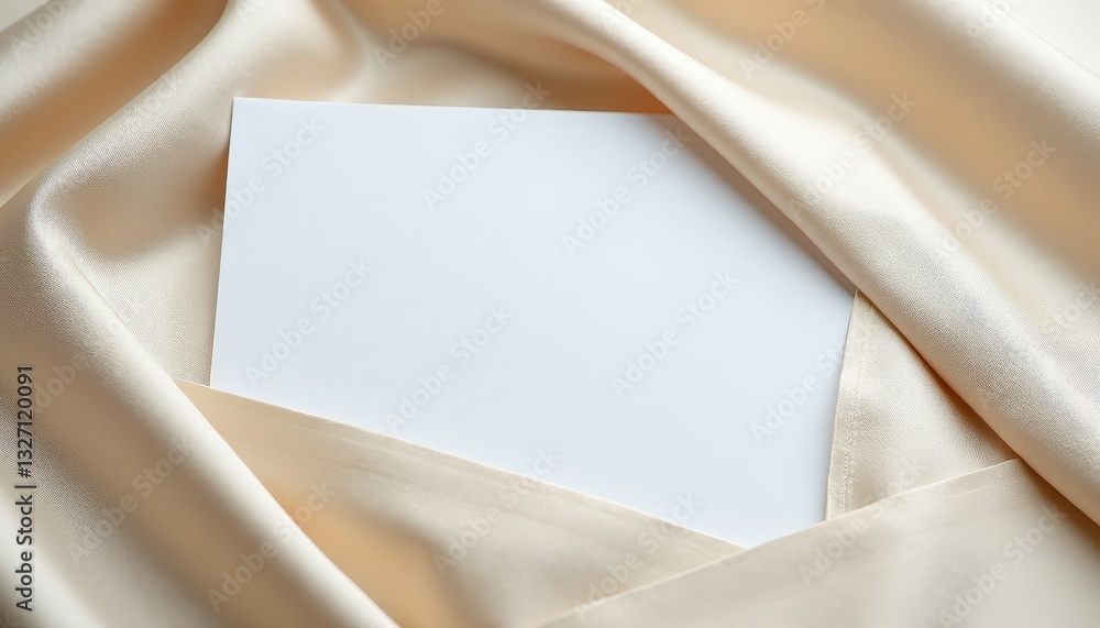 Luxurious Mockup: White Paper on Smooth Beige Satin Fabric. A white sheet of paper lies on a beige satin fabric. Luxurious Mockup: White Paper on Smooth Beige Satin Fabric. A white sheet of paper lies on a beige satin fabric.