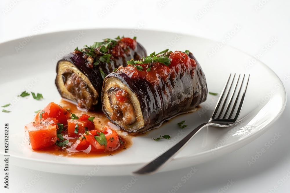 Appetizing aubergine rolls stuffed with tasty filling and tomato sauce on a white plate closeup shot Appetizing aubergine rolls stuffed with tasty filling and tomato sauce on a white plate closeup shot