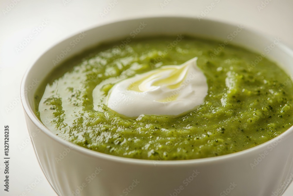 Delicious vegetarian green soup bowl presentation featuring fresh cream in minimalist kitchen setting Delicious vegetarian green soup bowl presentation featuring fresh cream in minimalist kitchen setting