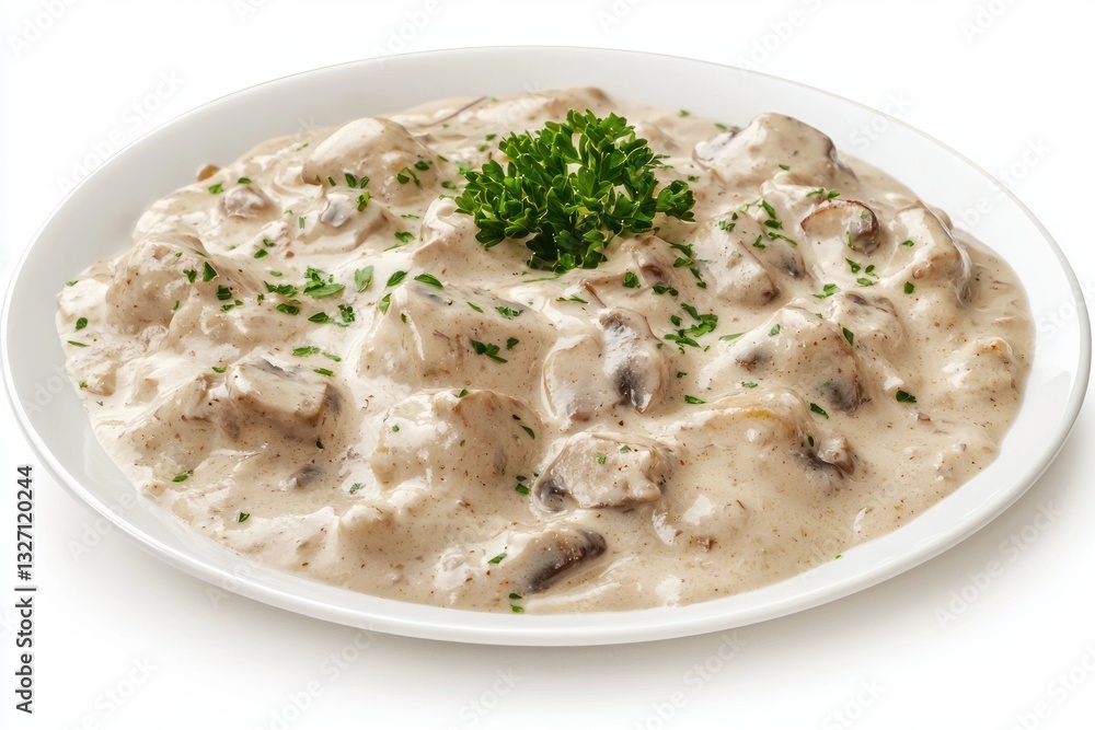 Creamy mushroom stroganoff on white plate with fresh herbs classic dish gourmet food culinary delight Creamy mushroom stroganoff on white plate with fresh herbs classic dish gourmet food culinary delight