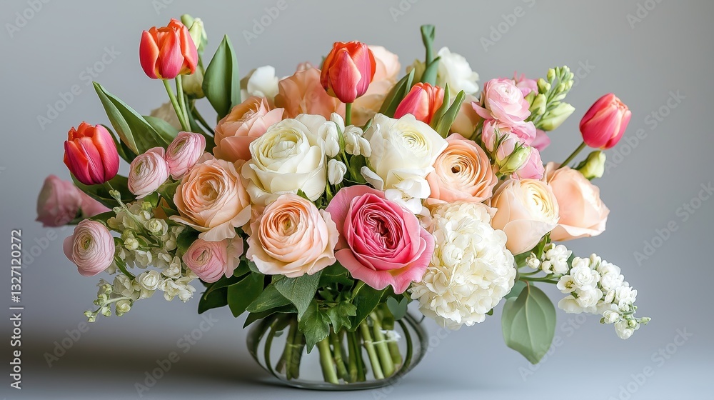 Beautiful bouquet of colorful roses and tulips in a glass vase Beautiful bouquet of colorful roses and tulips in a glass vase