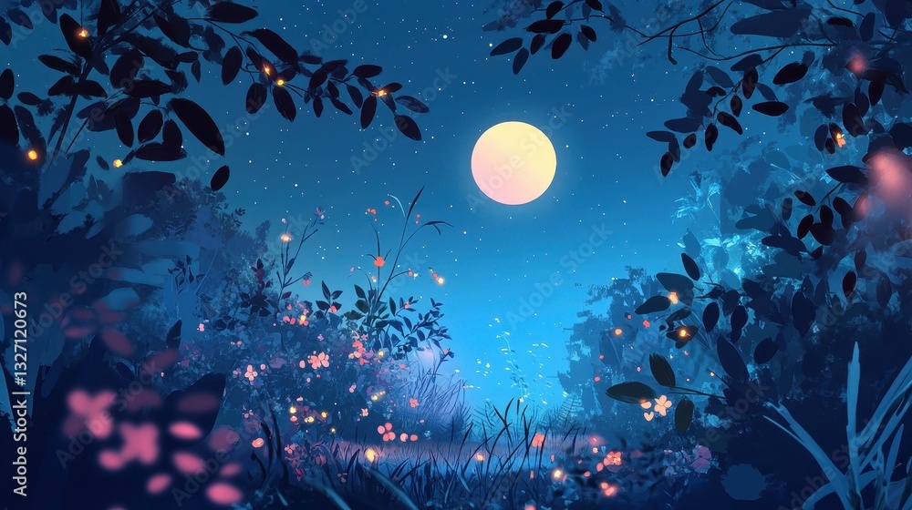 A beautiful illustration showing moon stars foliage and flowers at night A beautiful illustration showing moon stars foliage and flowers at night