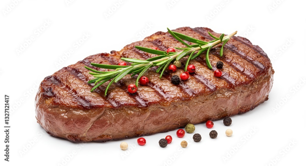 A juicy freshly grilled steak with beautiful sear marks garnished with a sprig of fresh rosemary and a mix of red and black peppercorns A juicy freshly grilled steak with beautiful sear marks garnished with a sprig of fresh rosemary and a mix of red and black peppercorns