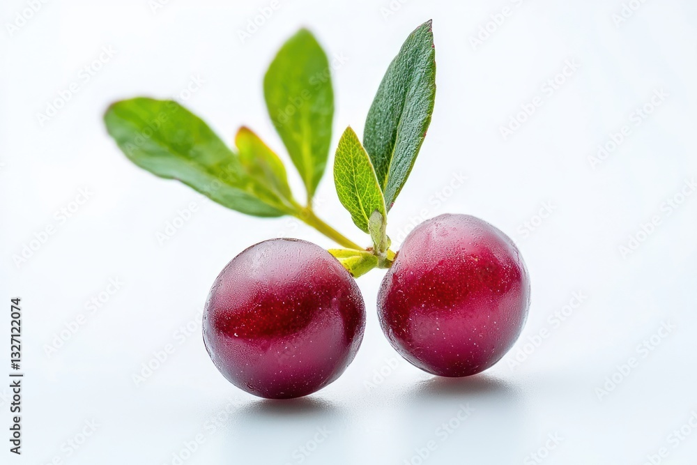 Close up shot of two fresh cranberries with green leaves on bright white backdrop representing food photography Close up shot of two fresh cranberries with green leaves on bright white backdrop representing food photography