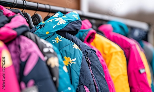 Colorful winter coats hanging on rack.