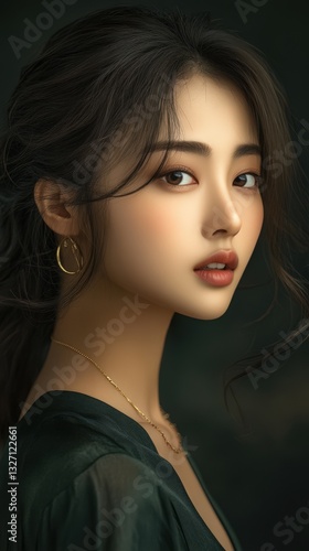 A young woman with dark hair and gold jewelry