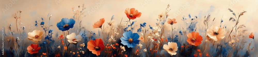 Naklejka premium Vibrant Hand-Painted Floral Design on Textured Paper with Soft Hues. Generative AI