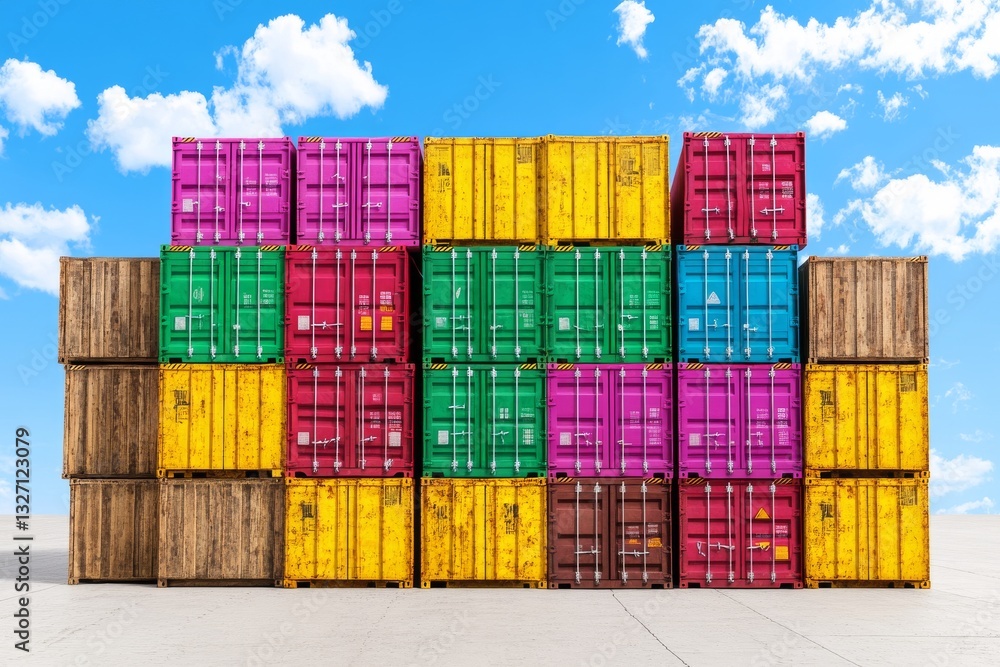Fototapeta premium A vibrant stack of colorful shipping containers under a blue sky, creating a striking industrial visual.