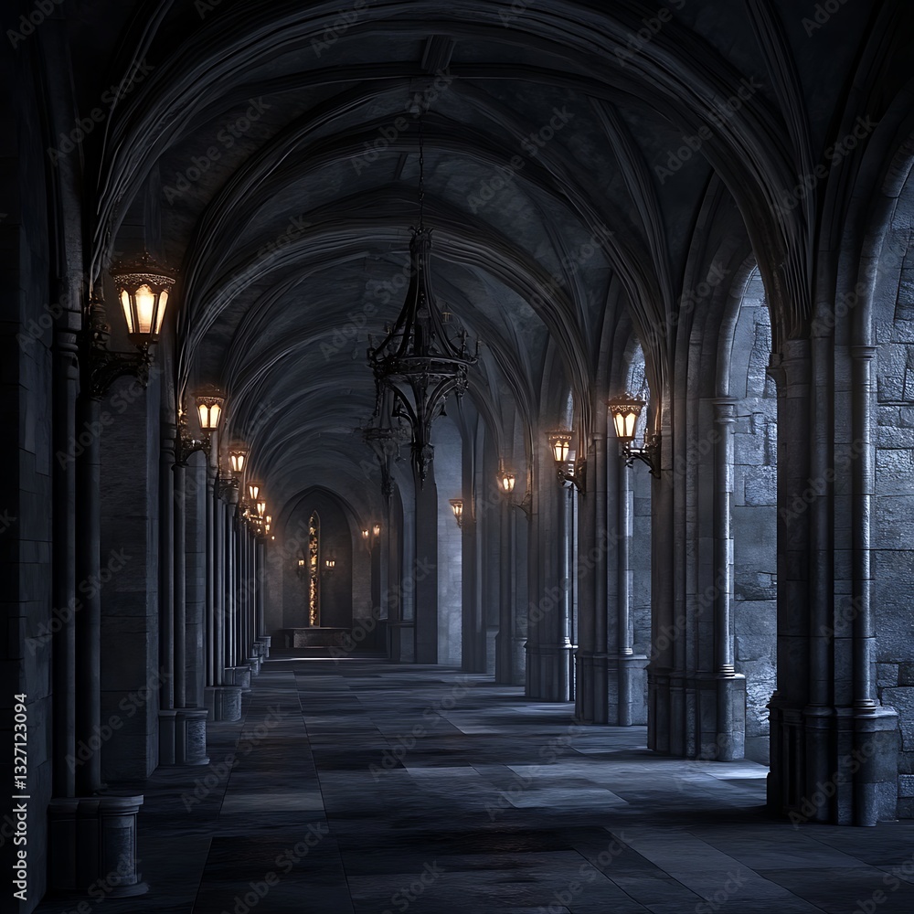 Fototapeta premium Gothic Stone Corridor with Illuminated Lanterns and Detailed Arched Ceiling Vaults