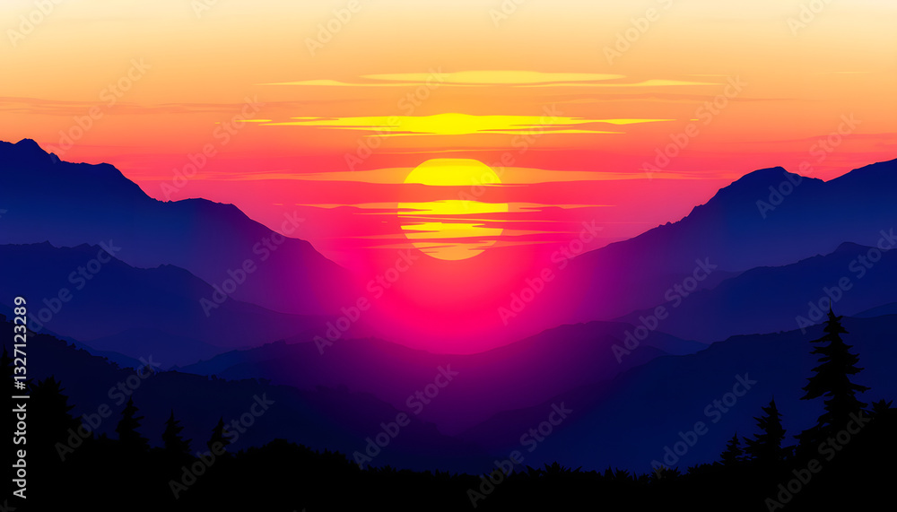 Obraz premium Beautiful sunrise background, Silhouette mountain style, color sketch. White tone