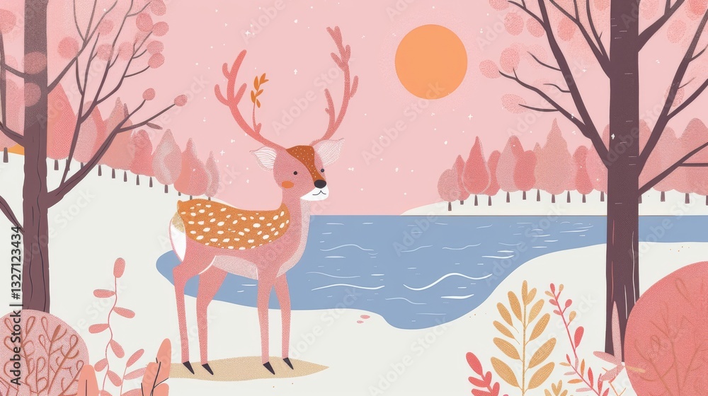 Serene autumn scene: A graceful deer stands by a tranquil lake, framed by vibrant fall trees under a pastel sunlit sky with birds soaring overhead. Serene autumn scene: A graceful deer stands by a tranquil lake, framed by vibrant fall trees under a pastel sunlit sky with birds soaring overhead.