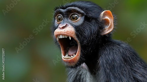 Young chimpanzee screaming, jungle backdrop, wildlife