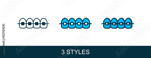 Filled outline Teeth with braces icon isolated on white background. Alignment of bite of teeth, dental row with with braces. Dental concept. Vector