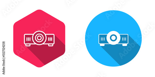 Filled and outline Presentation, movie, film, media projector icon isolated with long shadow background. Vector