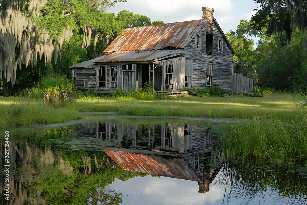 Obraz premium an abandoned house situated near a swampy area