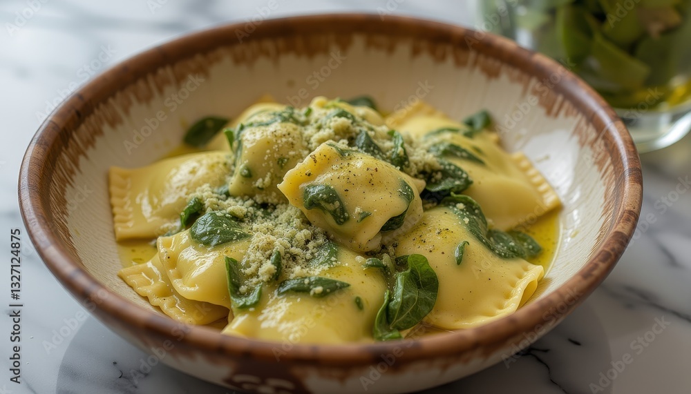Bowl of Ravioli with Cheese and Spinach in Creamy Sauce Bowl of Ravioli with Cheese and Spinach in Creamy Sauce