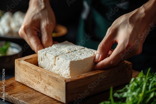Tofu organic making homemade. Fresh tofu being handled in a wooden box with green vegetables nearby.