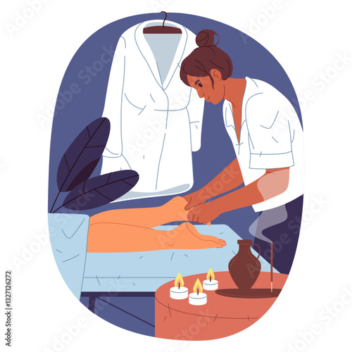 Foot massage procedure vector illustration. Physician feet relaxation service, manual physiotherapy by orthopedist. Spa salon recovery and relaxation, rejuvenation and treatment. Health and body care.