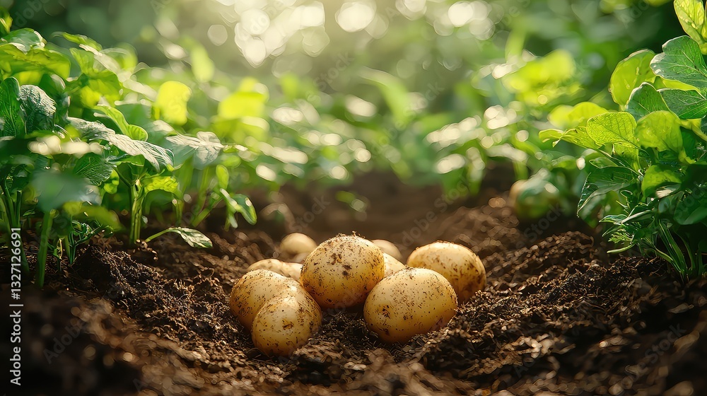 Freshly Harvested Potatoes in Lush Green Potato Field at Sunset, Organic Farming, Close Up View of Soil and Tubers Freshly Harvested Potatoes in Lush Green Potato Field at Sunset, Organic Farming, Close Up View of Soil and Tubers