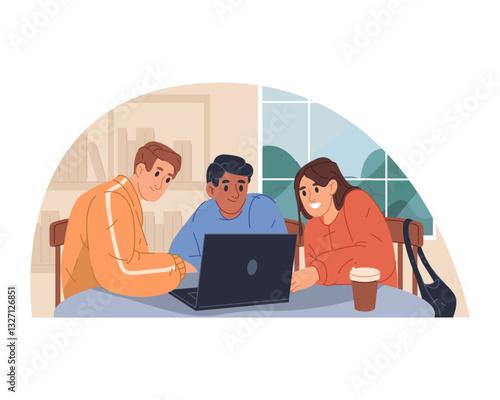 Students socializing or having chat at cafe. Vector people engaged in group education or study life. Teamwork and social learning poster. Relaxed university or college discussion, conversation.