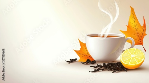 A modern vector drawing of a tea cup with steam rising, surrounded by tea leaves and a slice of lemon, evoking warmth and relaxation.