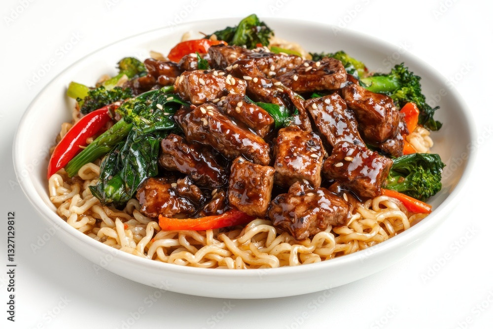 Delicious beef teriyaki with noodles broccoli carrots spinach red pepper in white bowl Delicious beef teriyaki with noodles broccoli carrots spinach red pepper in white bowl