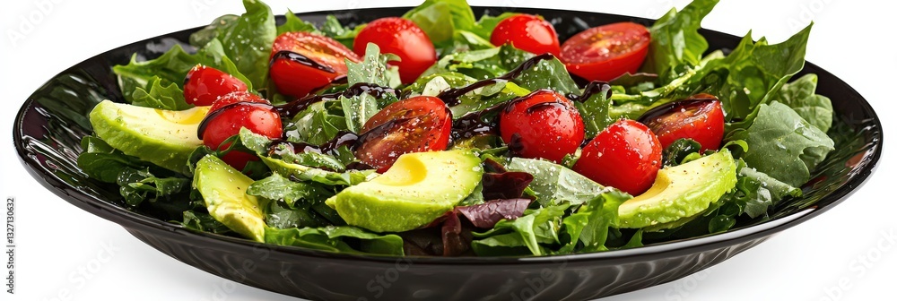 A vibrant salad bowl filled with mixed greens, cherry tomatoes, avocado slices, and balsamic dressing A vibrant salad bowl filled with mixed greens, cherry tomatoes, avocado slices, and balsamic dressing