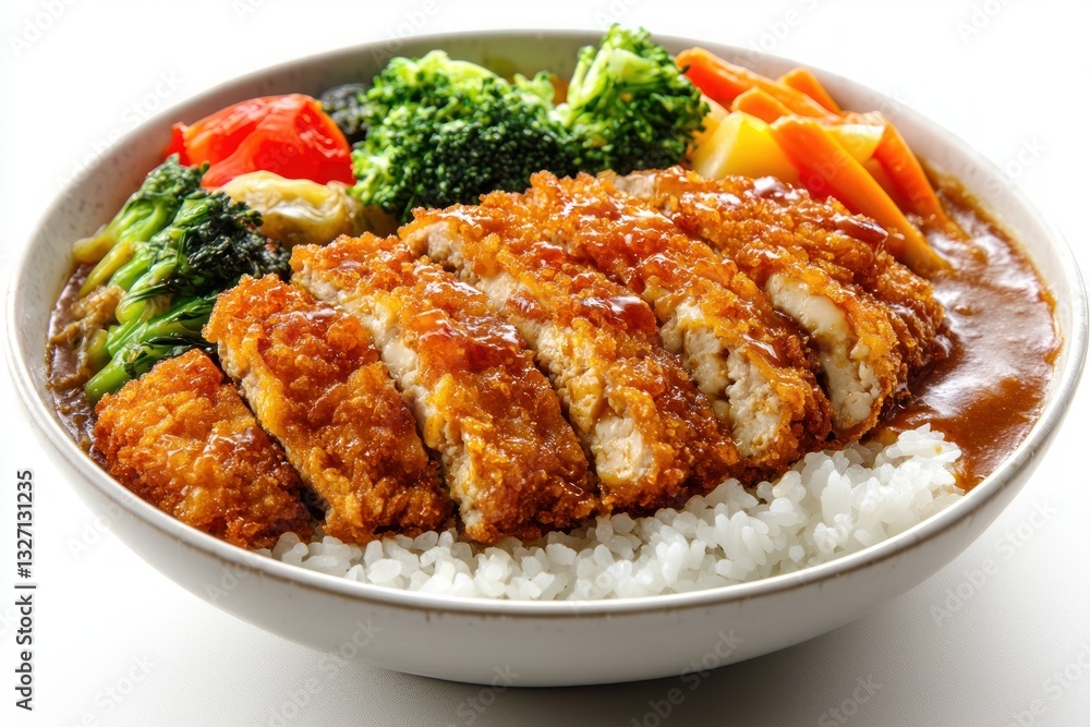 Delicious katsukare japanese cuisine a harmonious composition showcasing flavors and textures in a close up capture of fried pork on rice and vegetables Delicious katsukare japanese cuisine a harmonious composition showcasing flavors and textures in a close up capture of fried pork on rice and vegetables