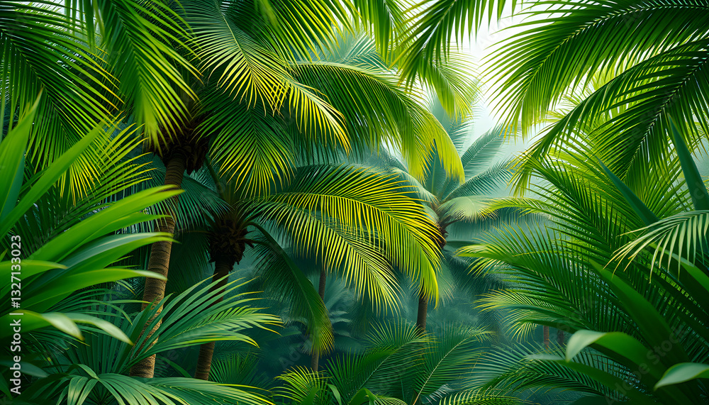 Obraz premium beautiful green jungle of lush palm leaves, palm trees in an exotic tropical forest, tropical plants nature concept for panorama wallpaper, selective sharpness. White tone
