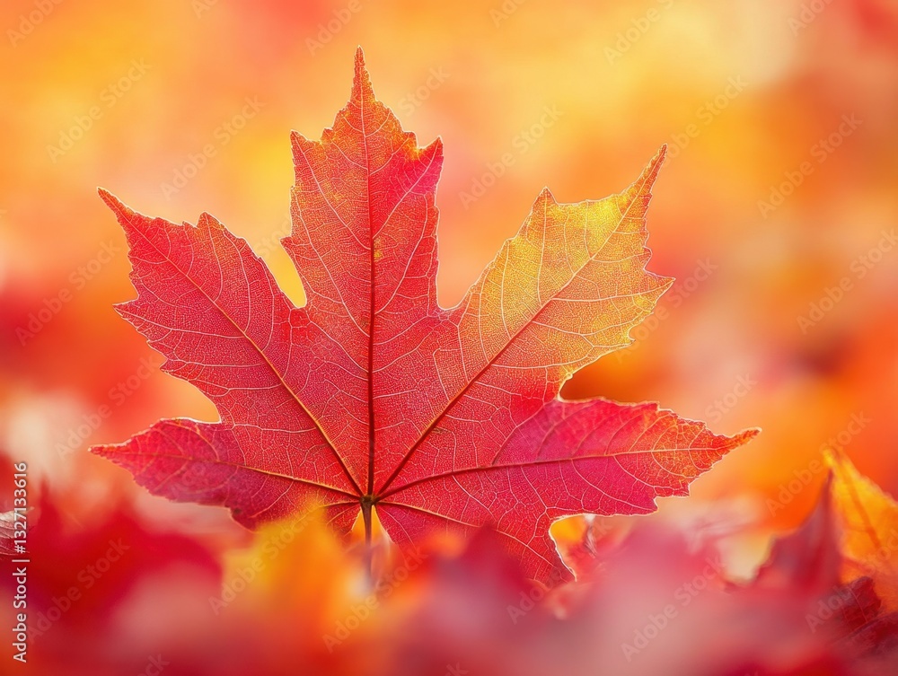 Vibrant Red Maple Leaf Close Up Against a Warm Orange and Yellow Bokeh Background in Autumn Season Vibrant Red Maple Leaf Close Up Against a Warm Orange and Yellow Bokeh Background in Autumn Season
