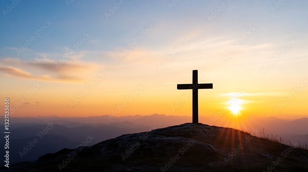 Dramatic silhouette of a cross against a stunning sunset sky over rolling hills and mountains : Generative AI Dramatic silhouette of a cross against a stunning sunset sky over rolling hills and mountains : Generative AI