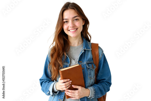 Smiling young student girl with book isolated on transparent background