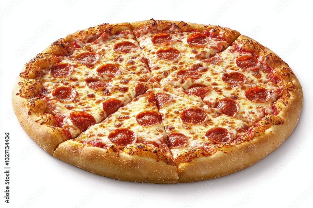 Delicious Pepperoni Pizza with Crust ready to Serve Freshly baked with Melted Cheese on an inviting White Surface Delicious Pepperoni Pizza with Crust ready to Serve Freshly baked with Melted Cheese on an inviting White Surface