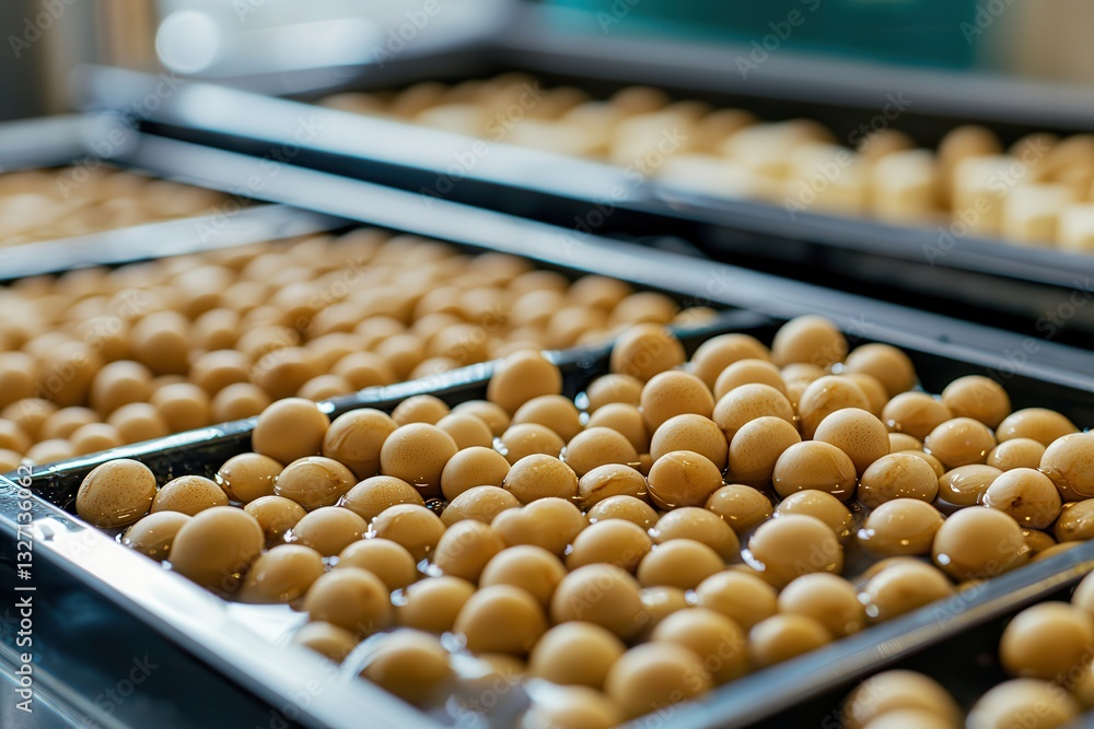 Tofu organic making homemade. Trays filled with round, golden treats in a production setting. Tofu organic making homemade. Trays filled with round, golden treats in a production setting.
