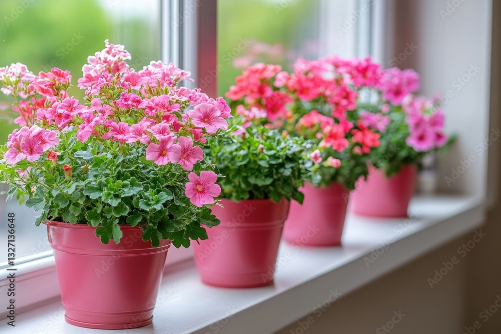 Vibrant geraniums in pink pots adorn a bright windowsill bringing a touch of nature indoors in soft focus Vibrant geraniums in pink pots adorn a bright windowsill bringing a touch of nature indoors in soft focus