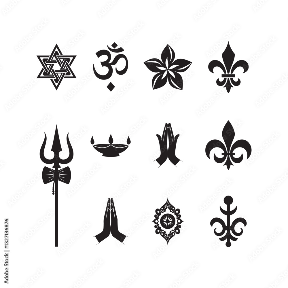 Fototapeta premium hindu religious and spiritual symbol vector icon set om trishul diya fleur de lis namaste design illustrations